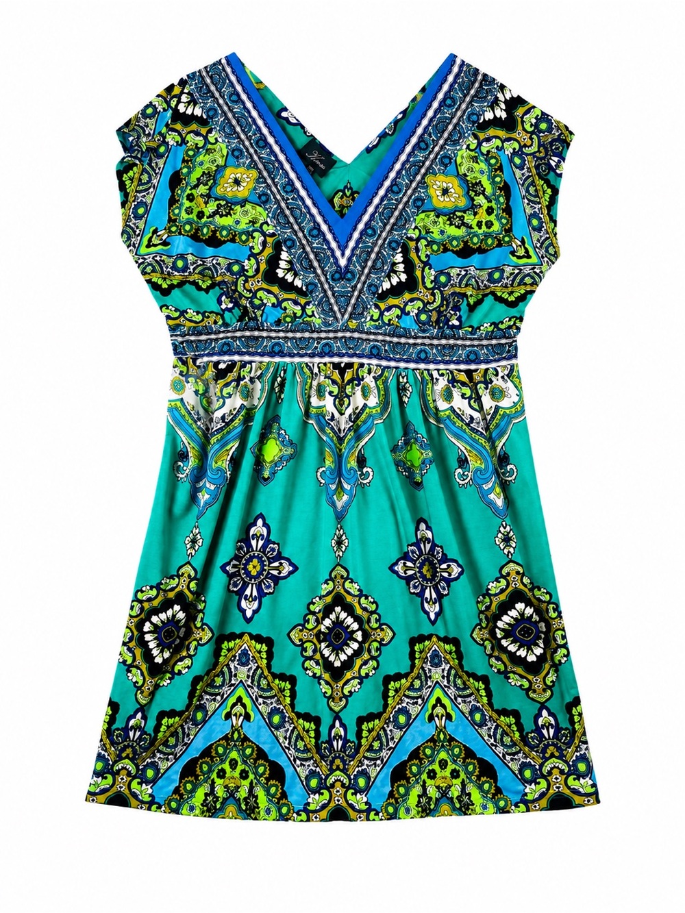 Kiara Bright‎ Teal Paisley V-Neck Dress Women's Size XXL Boho Midi Dress